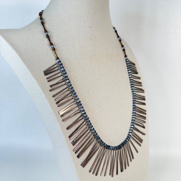 Cleopatra Fringe Necklace Silver Tone Blue Beads Long Length Statement - Picture 3 of 8